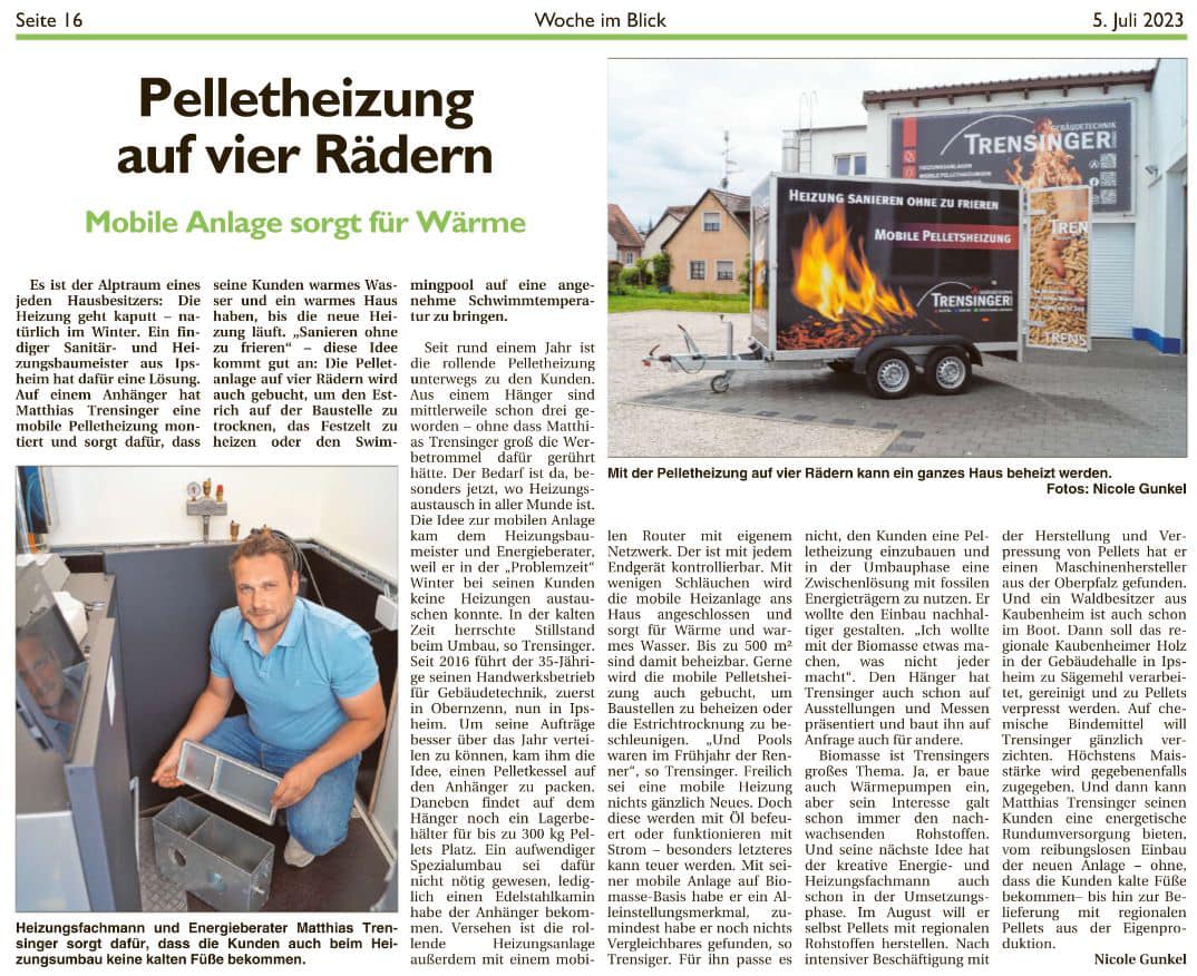 Zeitungsartikel Mobile Pellet-Heizung Zeitungsartikel Mobile Pellet-Heizung